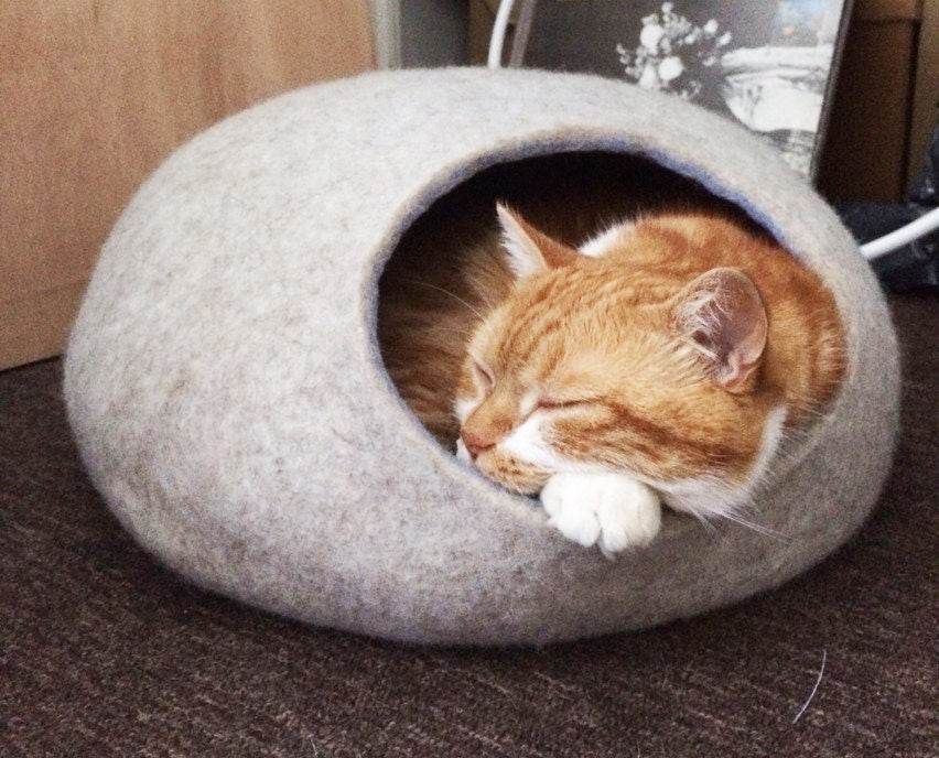 Beige Pet Bed - Natural Wool Cat Cave - Home Soul